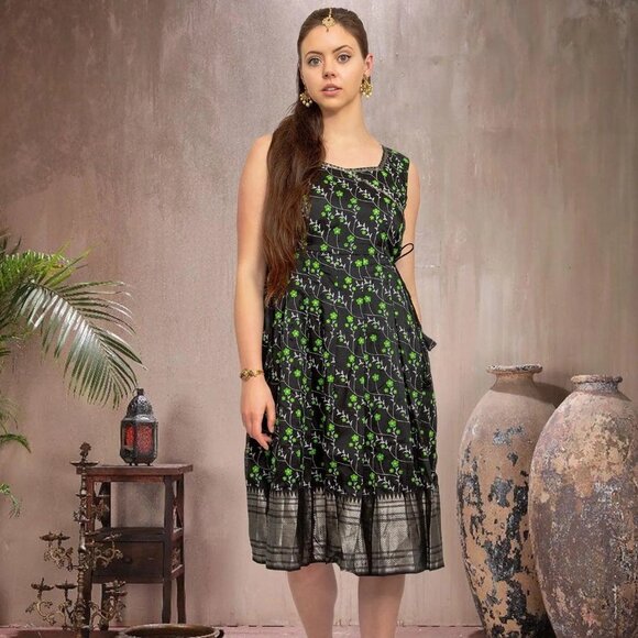 Indian Festive Black and Green Silk Knee Length Dress | Indian Dress in USA Onli - Picture 2 of 5